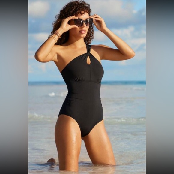 Lands end high neck to one shoulder multi way one piece swimsuit - Picture 1 of 7